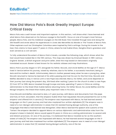 How Did Marco Polo’s Book Greatly Impact Europe: Critical Essay