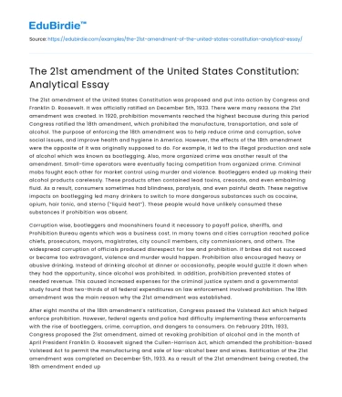 The 21st amendment of the United States Constitution: Analytical Essay