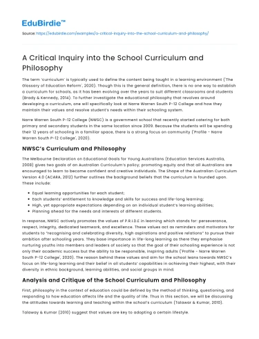 A Critical Inquiry into the School Curriculum and Philosophy