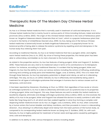 Therapeutic Role Of The Modern Day Chinese Herbal Medicine