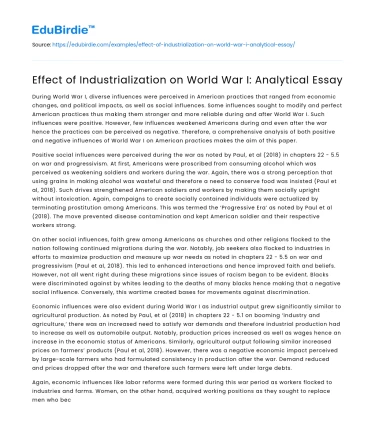 Effect of Industrialization on World War I: Analytical Essay