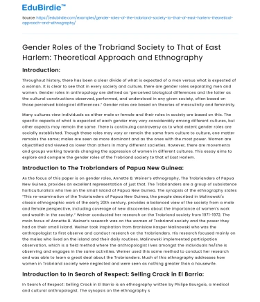 Gender Roles in Trobriand vs East Harlem: Theoretical Approach