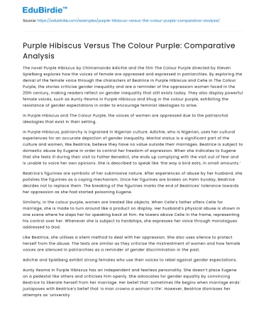 Purple Hibiscus Versus The Colour Purple: Comparative Analysis