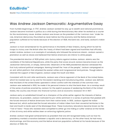 Was Andrew Jackson Democratic: Argumentative Essay