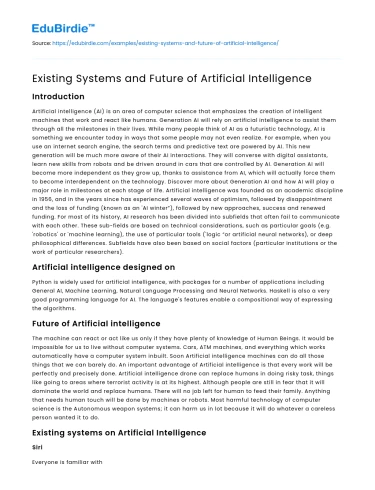 Existing Systems and Future of Artificial Intelligence