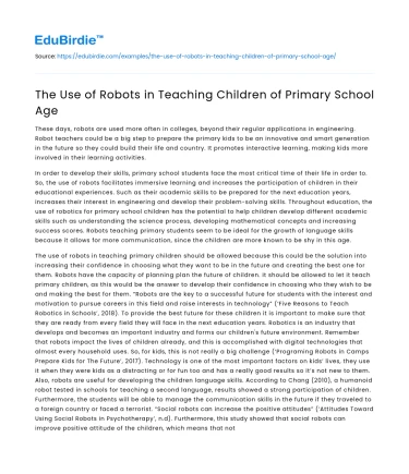 The Use of Robots in Teaching Children of Primary School Age