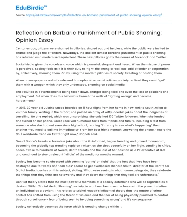 Reflection on Barbaric Punishment of Public Shaming: Opinion Essay