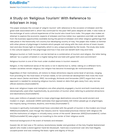A Study on ‘Religious Tourism’ With Reference to Arba’een in Iraq
