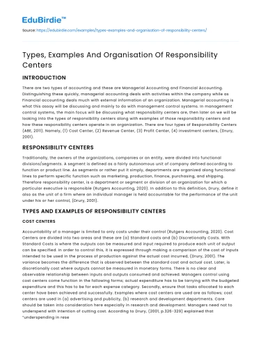 Types, Examples And Organisation Of Responsibility Centers
