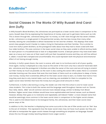 Social Classes In The Works Of Willy Russell And Carol Ann Duffy