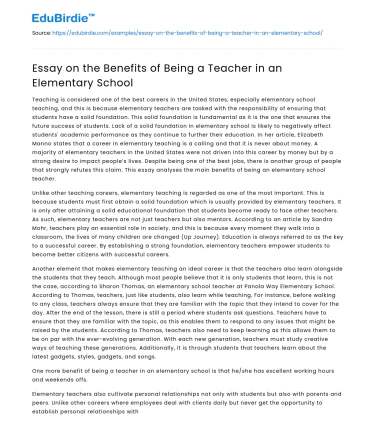 Essay on the Benefits of Being a Teacher in an Elementary School