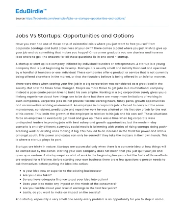 Jobs Vs Startups: Opportunities and Options