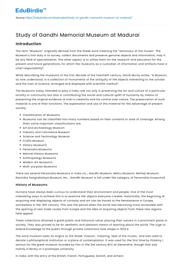 Study of Gandhi Memorial Museum at Madurai