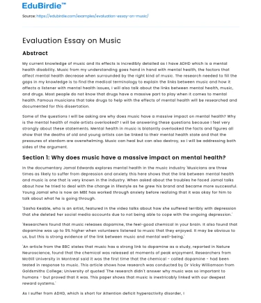 Evaluation Essay on Music