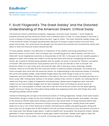 Distorted American Dream in F Scott Fitzgerald’s ‘The Great Gatsby’