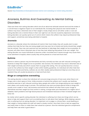 Anorexia, Bulimia And Overeating As Mental Eating Disorders