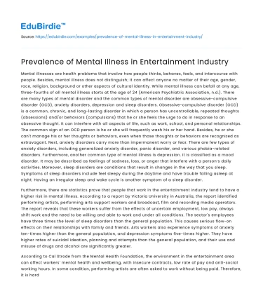 Prevalence of Mental Illness in Entertainment Industry