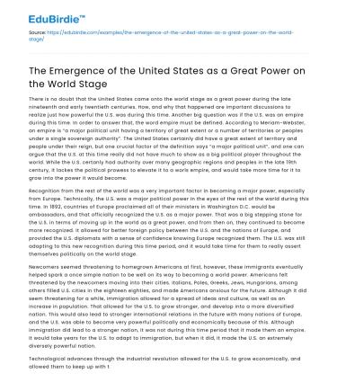 The Emergence of the United States as a Great Power on the World Stage