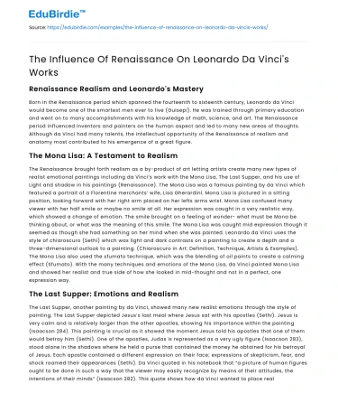 The Influence Of Renaissance On Leonardo Da Vinci’s Works