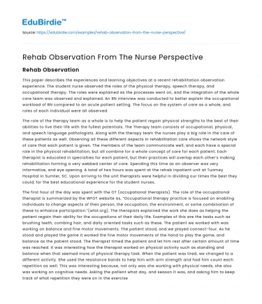 Rehab Observation From The Nurse Perspective
