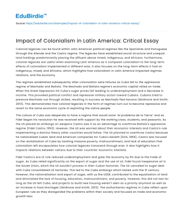 Impact of Colonialism in Latin America: Critical Essay