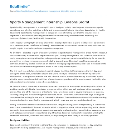 Sports Management Internship: Lessons Learnt