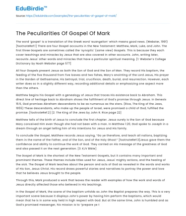The Peculiarities Of Gospel Of Mark