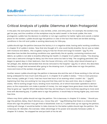 Critical Analysis of Lyddie: Dilemma of Main Protagonist
