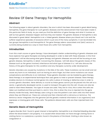 Review Of Gene Therapy For Hemophilia