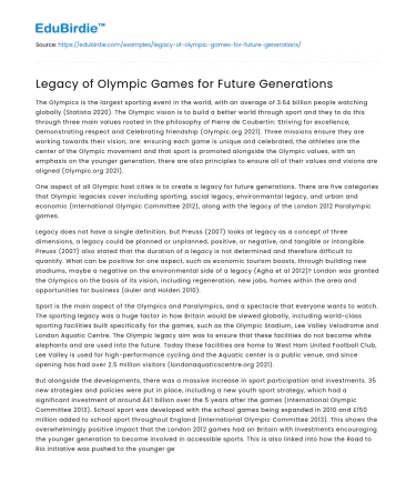 Legacy of Olympic Games for Future Generations