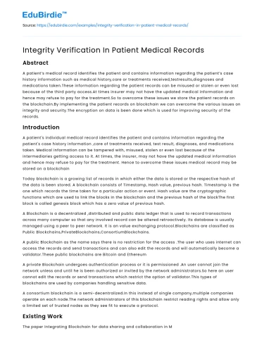 Integrity Verification In Patient Medical Records