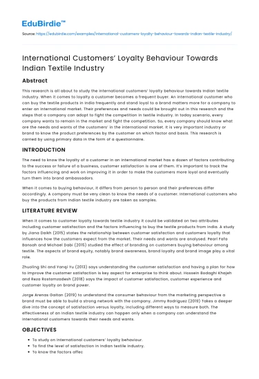 International Customers’ Loyalty Behaviour Towards Indian Textile Industry