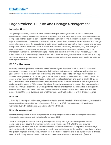Organizational Culture And Change Management