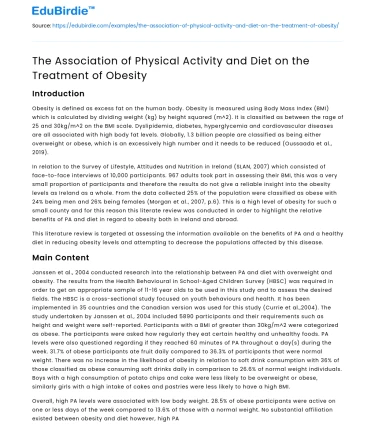 The Association of Physical Activity and Diet on the Treatment of Obesity