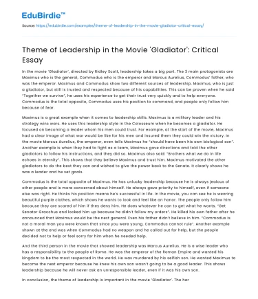 Theme of Leadership in the Movie ‘Gladiator’: Critical Essay