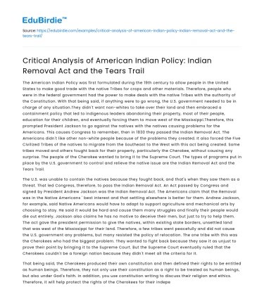 Complex Dynamics of the Indian Removal Act