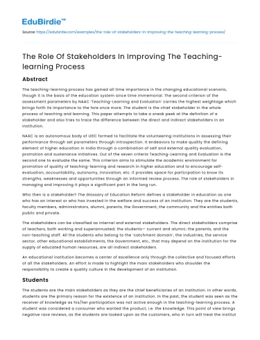 The Role Of Stakeholders In Improving The Teaching-learning Process