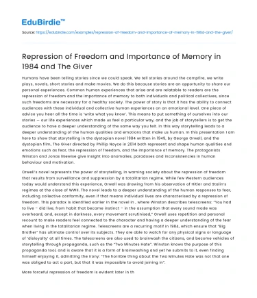 Repression of Freedom and Importance of Memory in 1984 and The Giver