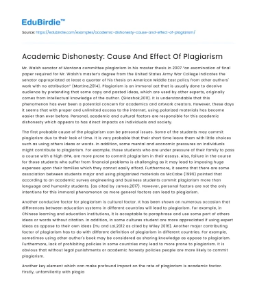 Academic Dishonesty: Cause And Effect Of Plagiarism