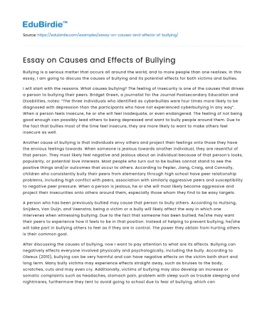 Essay on Causes and Effects of Bullying