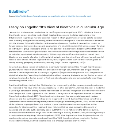 Essay on Engelhardt’s View of Bioethics in a Secular Age