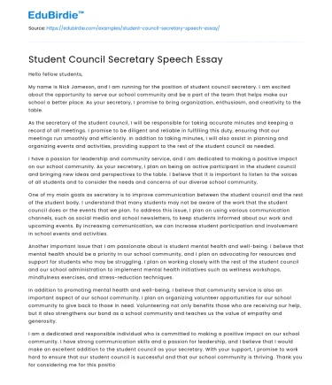 Student Council Secretary Speech Essay