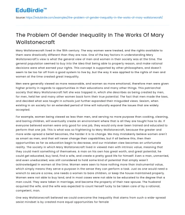 The Problem Of Gender Inequality In The Works Of Mary Wollstonecraft