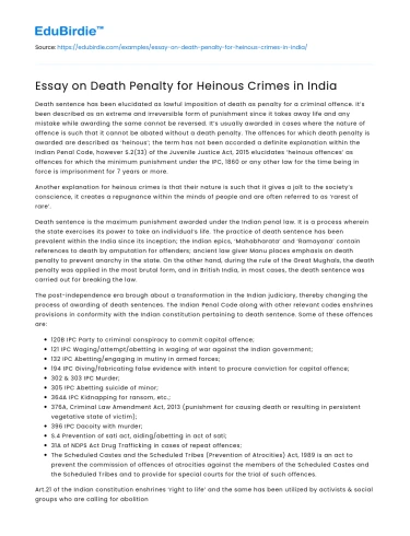 Essay on Death Penalty for Heinous Crimes in India