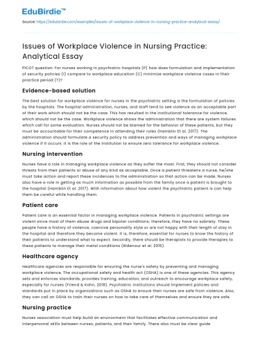 Issues of Workplace Violence in Nursing Practice: Analytical Essay