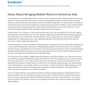 Essay About Bringing Mobile Phone to School by Kids