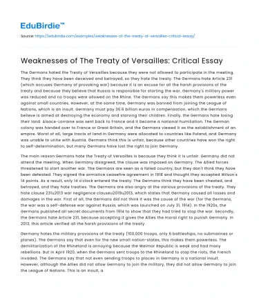 Weaknesses of The Treaty of Versailles: Critical Essay
