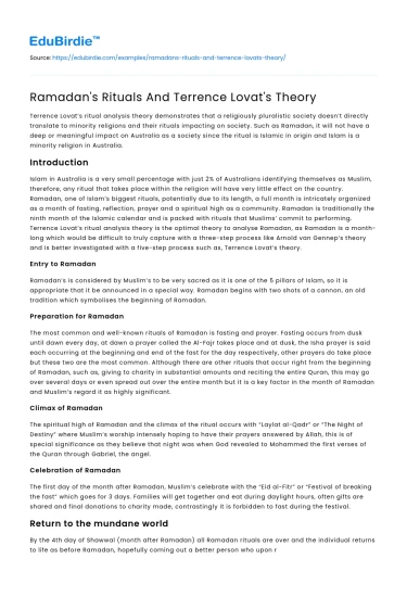 Ramadan’s Rituals through Lovat’s Theory of Ritual