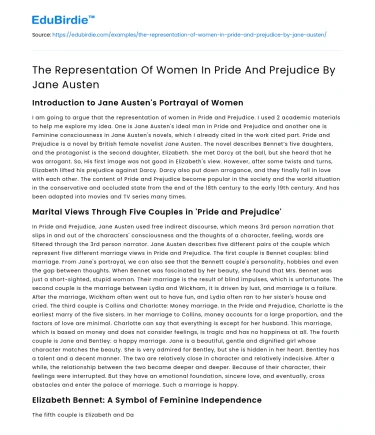 The Representation Of Women In Pride And Prejudice By Jane Austen