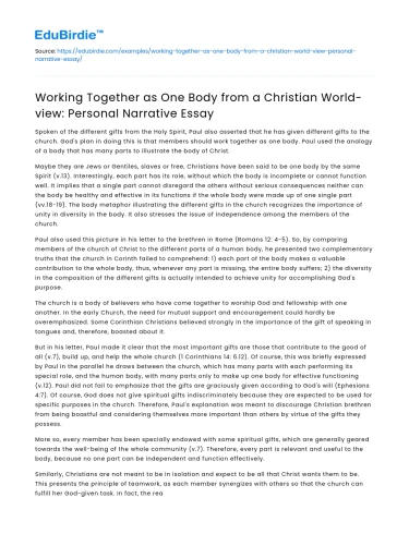 Christian World-view: Working Together as One Body – Personal Essay